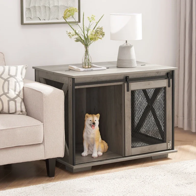 

Farmhouse Wooden Dog Kennel End Table with Flip-top Plate Dog House with Detachable Divider for Small/Medium/Large Dog Gray