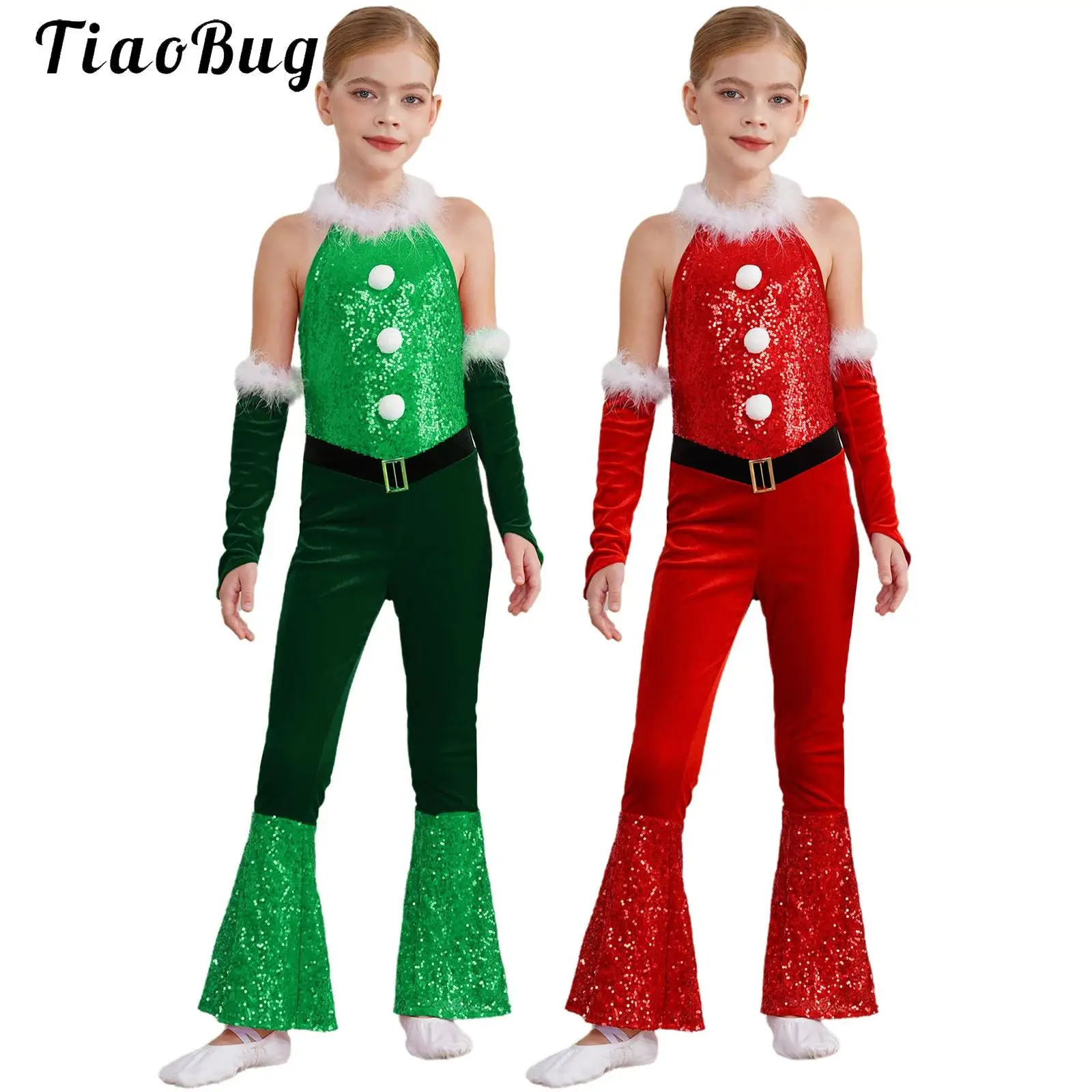 

70S Disco Vintage Jumpsuit Kids Girls Sequins Sleeveless Velvet Bodysuit Bell Bottom Jazz Dance Christmas Carnival Party Outfits