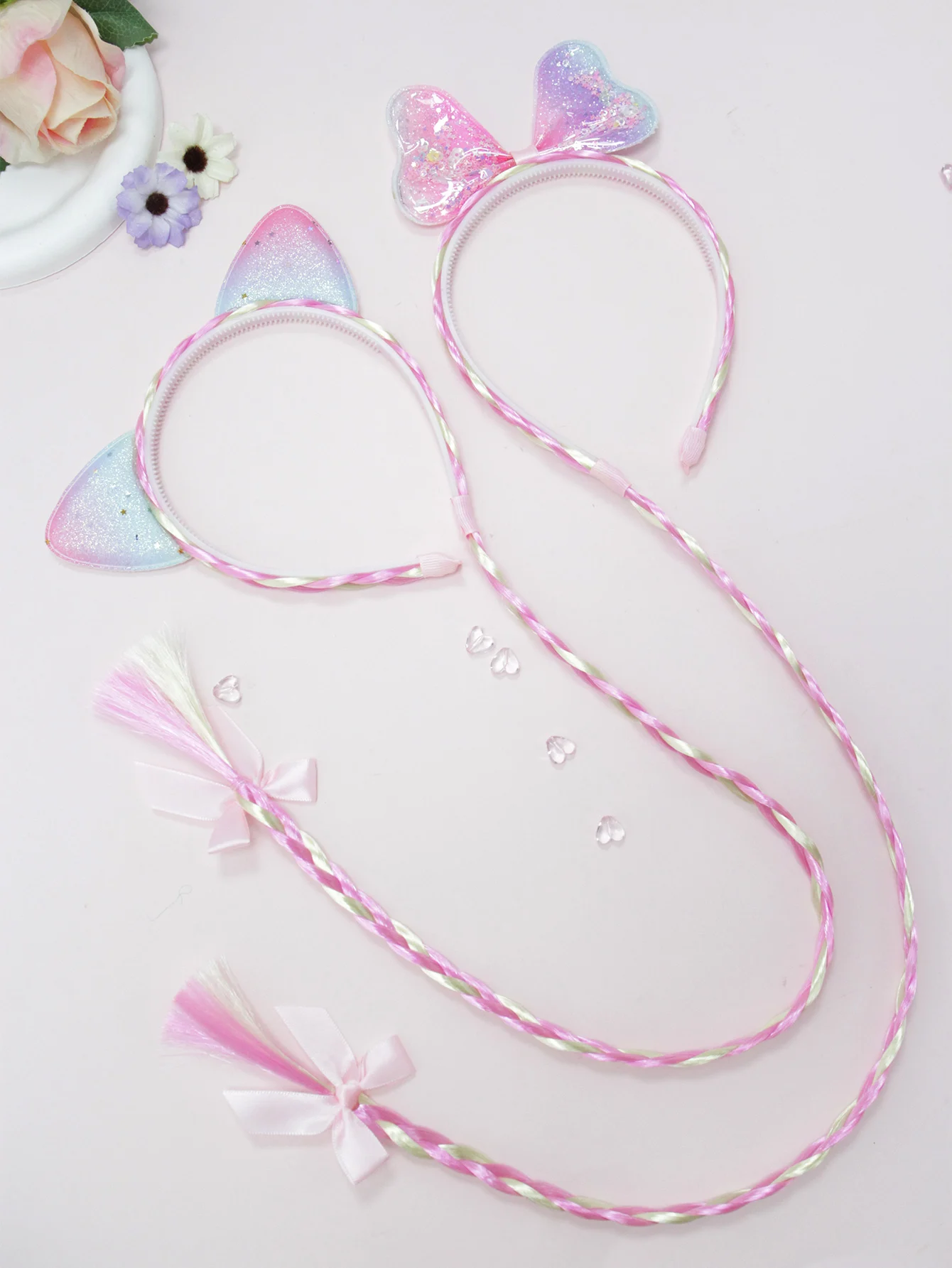 Linda y dulce diadema trenzada de dos colores rosa japonés y coreano, diadema de color degradado irregular: diadema trenzada con lazo de arena movediza; Diadema con orejas de gato con estrella brillante adecuada para actuaciones en escenario y fiestas navideñas