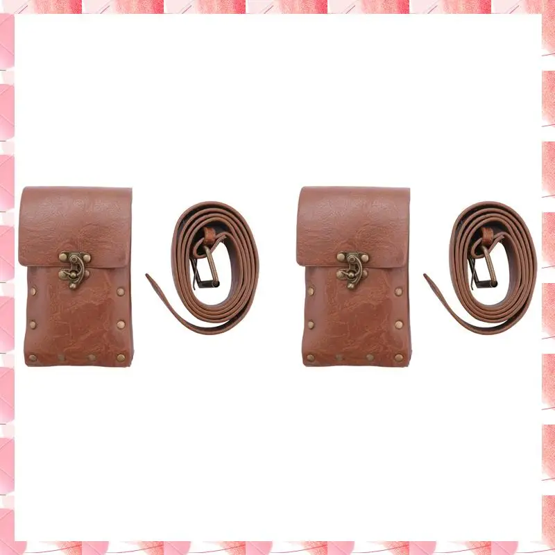 

2X Medieval Renaissance Adult Male Knight Leather Vintage Pocket Belt Clothing Bag Brown