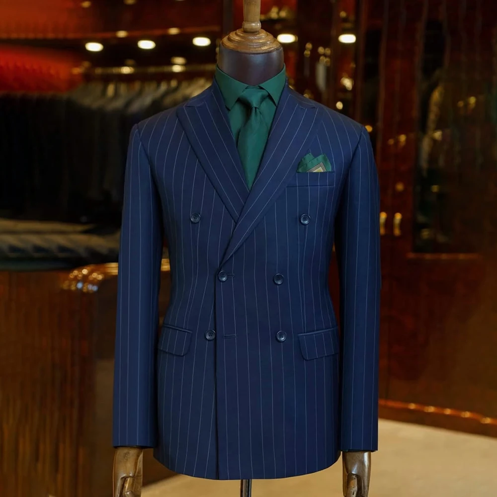 

Bespoke Men's Suits Stripe Double Breasted Peak Lapel Skinny Male Clothing High Quality 2 Piece Jacket Pants Full Sets Costume