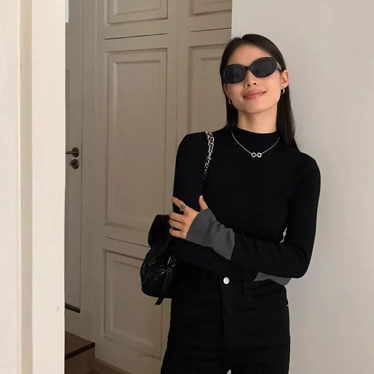 Ultra Soft Half High Neck German Velvet Women's T-shirt Color Block Base Shirt Autumn Winter Inner Wear High End Feel Top Trendy