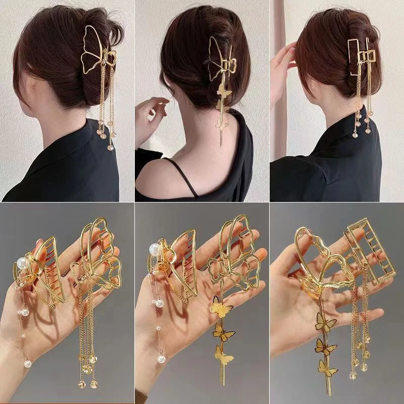 

Butterfly Tassel Hair Clip Large Metal Pearl Hollow Out Hairpin Female Geometric Shark Clip Headdress Hair Accessories for Women