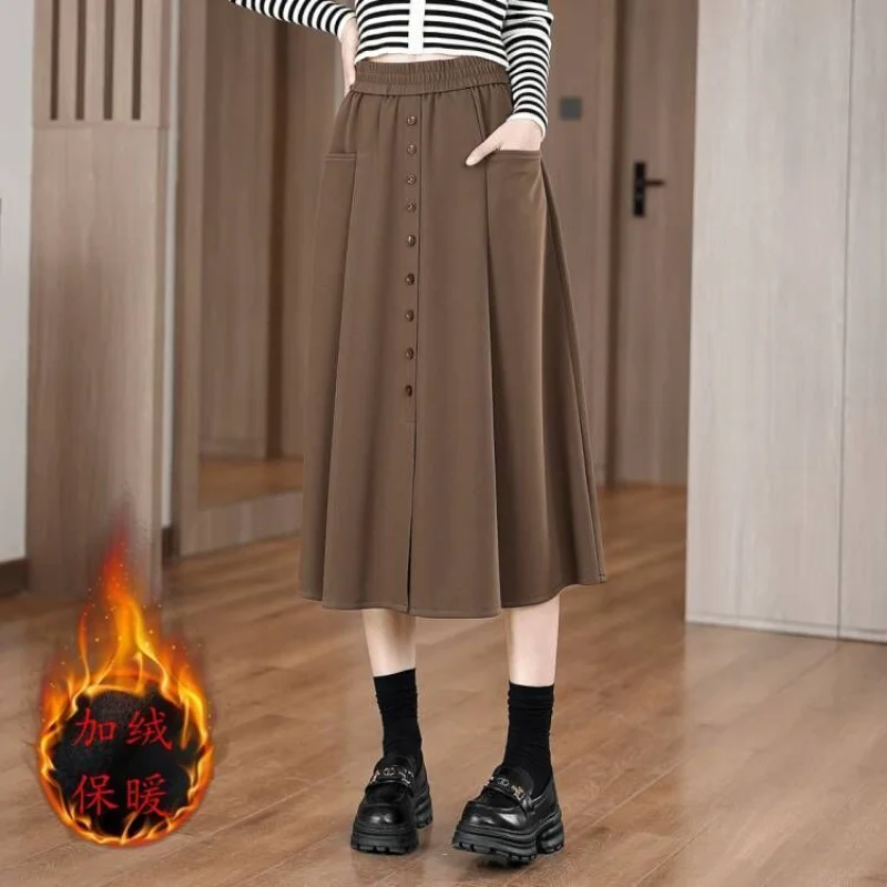 Women's Autumn Winter New Ins Trendy Versatile Single-breasted Plus Velvet A-line High-waist Casual Mid-length Skirt