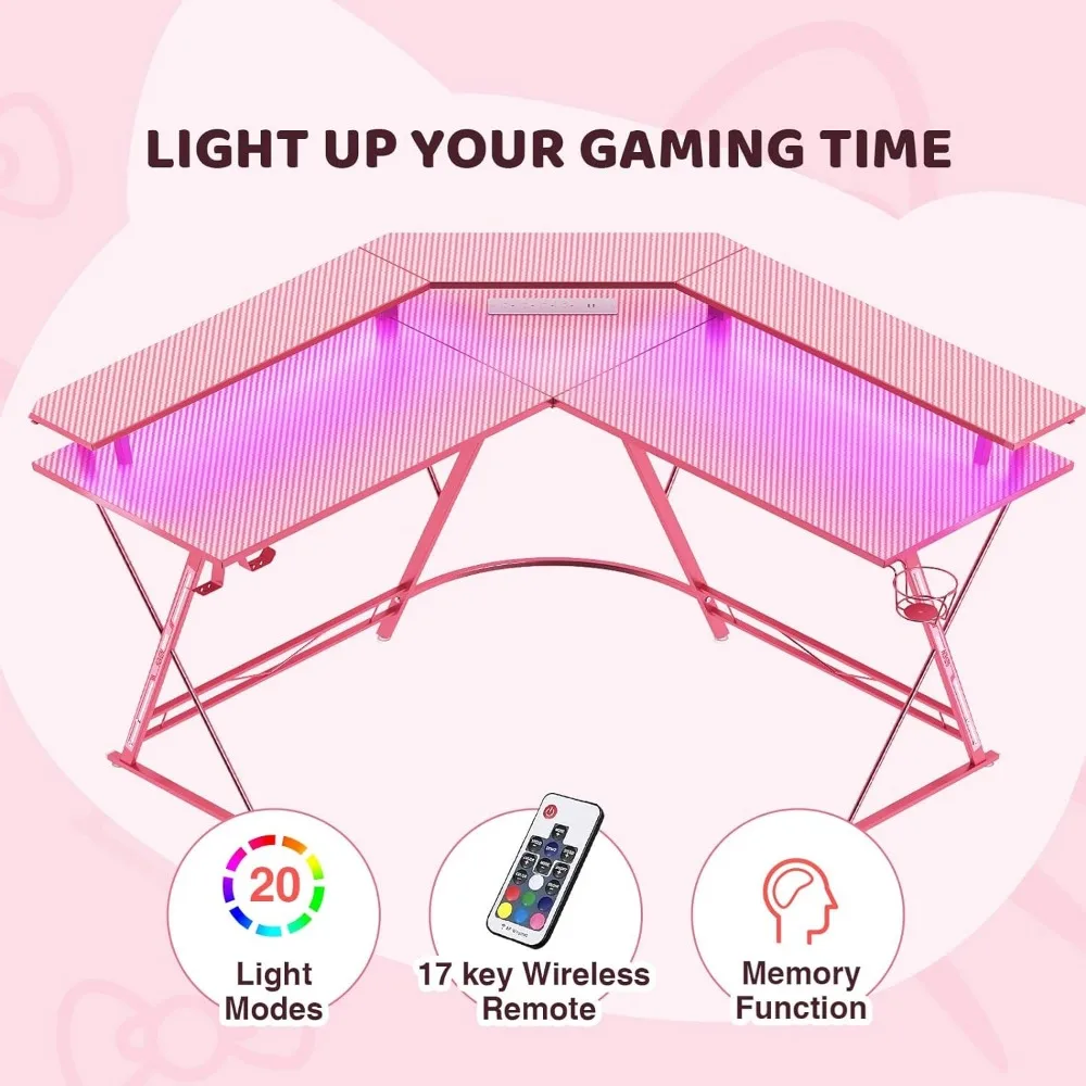 Gaming Desk 50.4” with LED Strip & Power Outlets, L-Shaped Computer Desk Carbon Fiber Surface with Monitor Stand