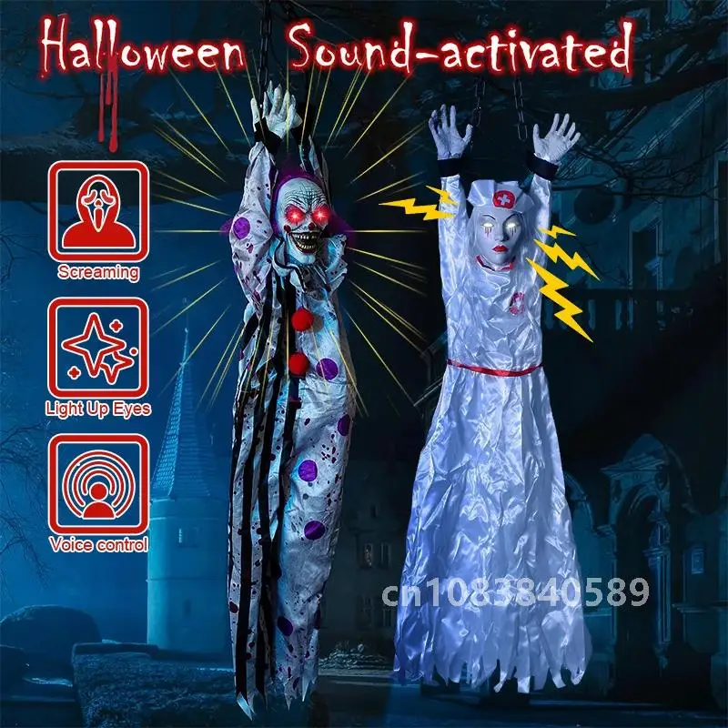 

Halloween Animatronics Decoration Hanging Clown Nurse Voice Control Electric Outdoor Scary Clearance Horror Haunted House Props