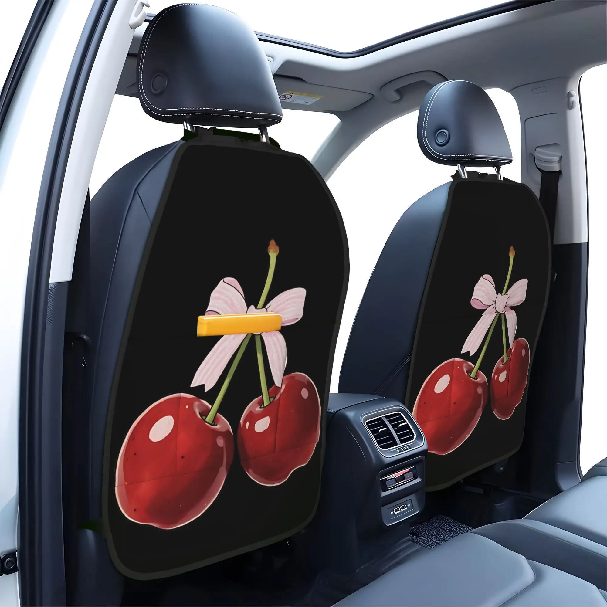 2D Printed Design, Set Of 2 Pink Bow Cherries Car Seat Back Anti-Kick Mats. Stylish Printed Storage Organizer Keeps Your Car Tid
