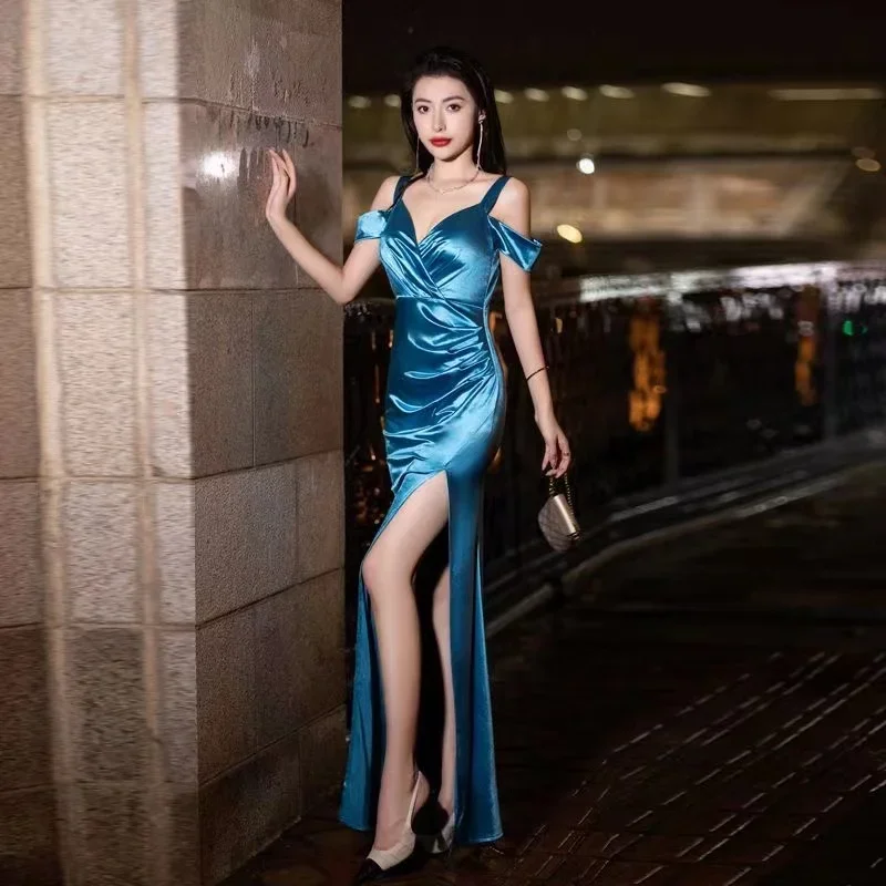 Hot Selling No. 85Suspender Slimming Long Skirt Sexy Silky Off-the-Shoulder V-Neck Evening Gown