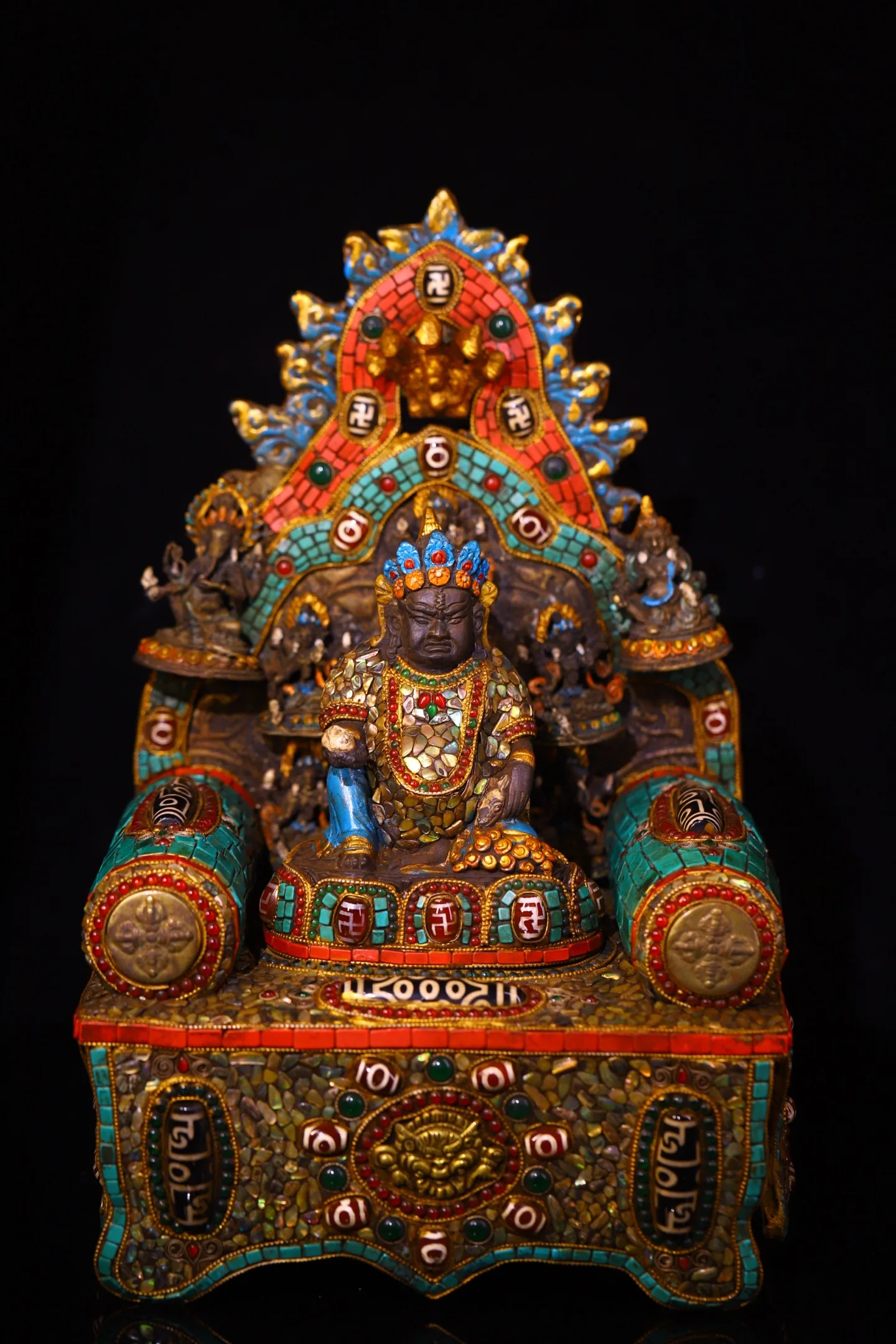 

13"Tibetan Temple Collection Old Bronze Gilded Mosaic Gem gZi Beads Turquoise Yellow Jambhala Buddha Buddhist Niche Worship Hall