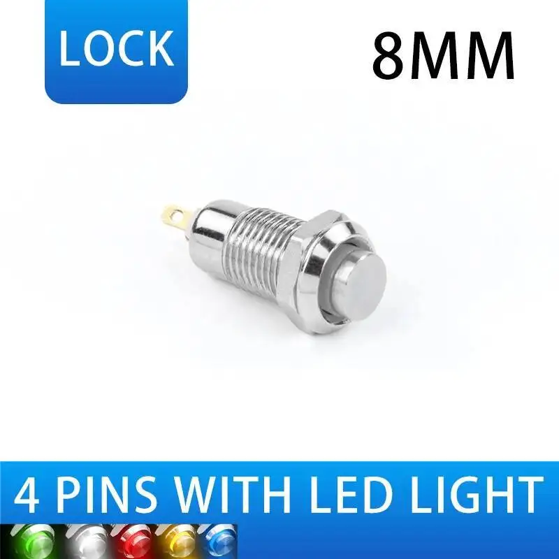 8/10 مللي متر المعادن زر التبديل مع LED ضوء صغير الغبار واقية الذاتي إعادة تعيين قفل دائري مايكرو بدء أربعة لحام دبوس