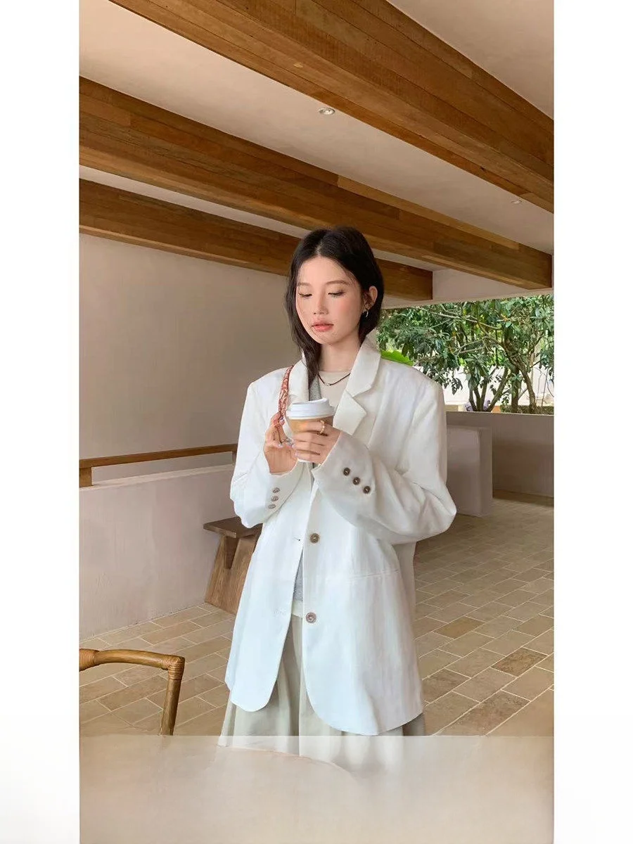 

Linyunyun Korean Style Cotton Linen Suit Jacket Women's Early Spring Lazy Shape Loose Outerwear Top Casual Long Sleeve