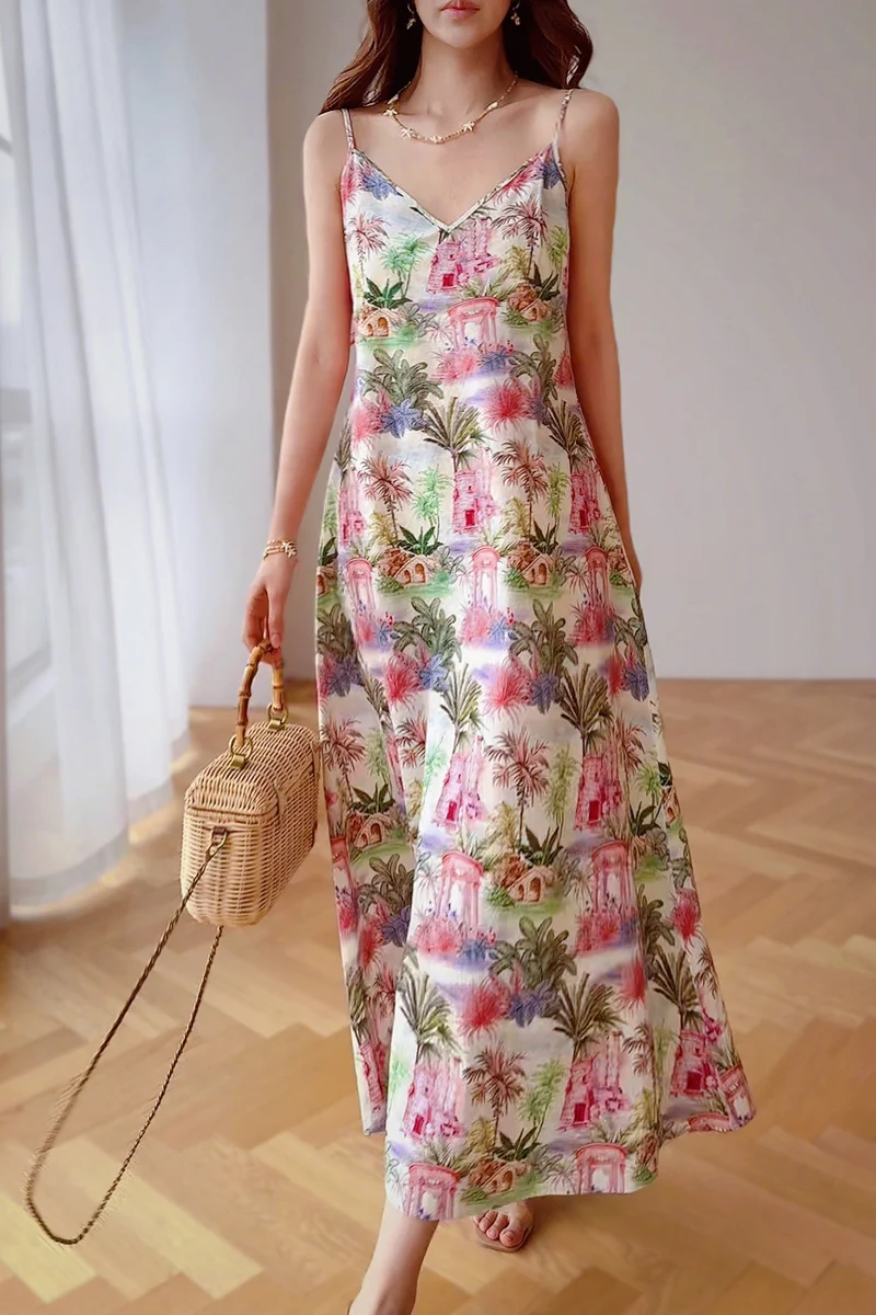 

Summer Print Spaghetti Strap Dress Women's Dress Square Collar Sundress Knee-Length A-Line Skirt Y2K 2025 DABUWAWA DM2BDS004