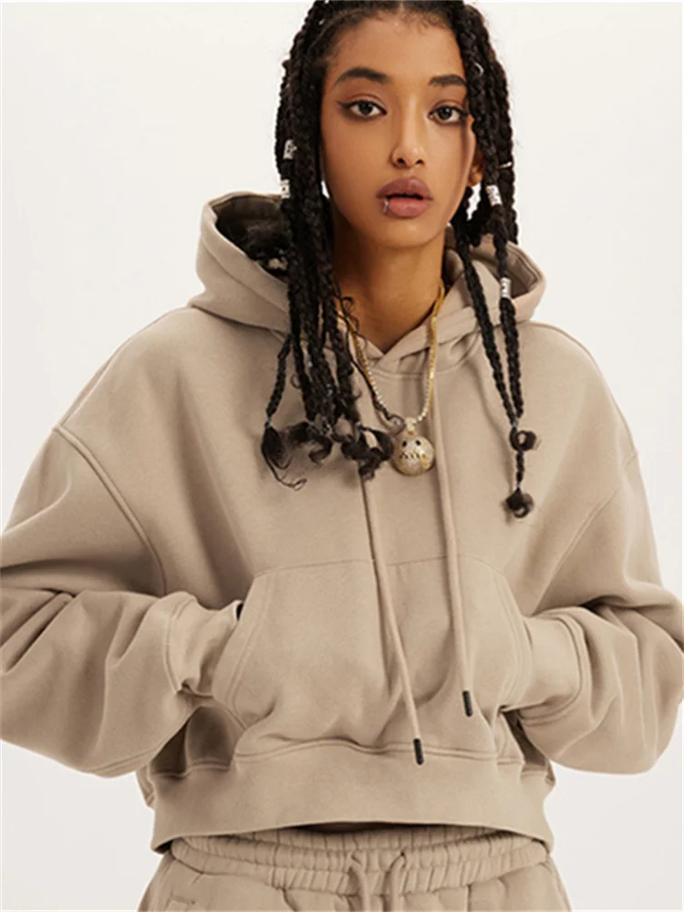 

Casual Female SweatshirtFashion Loose Hoodies Women Autumn Winter Long Sleeve Crop Top Streetwear Solid Drawstring Hooded Shirt