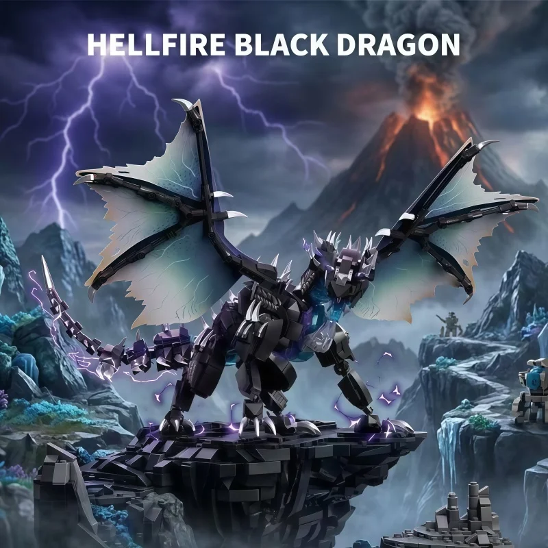 Mythical Black Dragon Building Block Set, Featuring a Giant Winged, Articulated Fantasy Creature Model, Creative Assembly, an ID