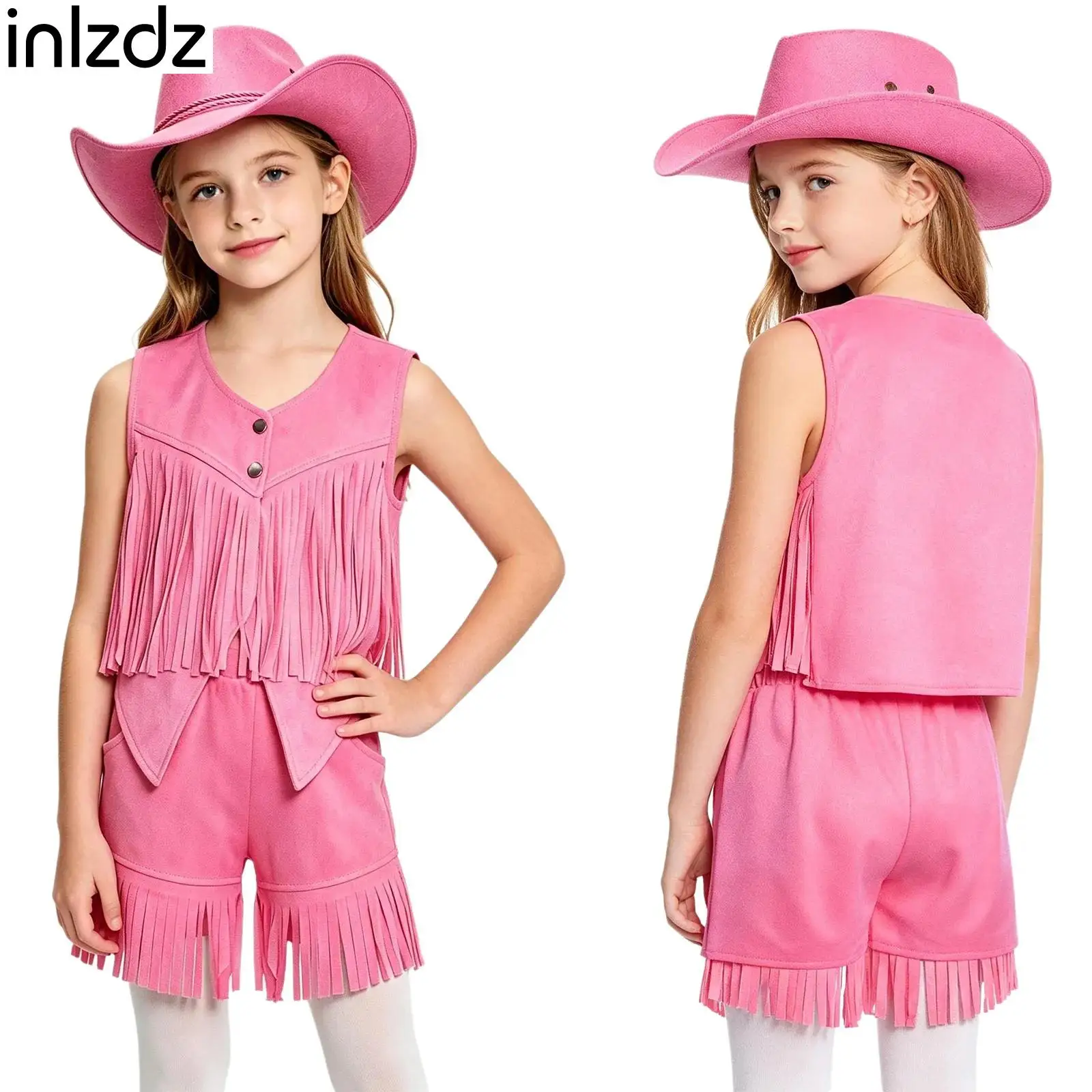 Kids Girls Boys 3Pieces Cowgirl Cowboy Costume Sleeveless Irregular Hem Press Buttons Faux Suede Fringe Vest+Shorts+Hat Set