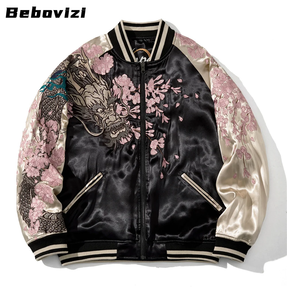 Yokosuka Style Cherry Blossom and Dragon Embroidered Jacket Japanese Men Baseball Streetwear Harajuku Clothing Autumn Coats