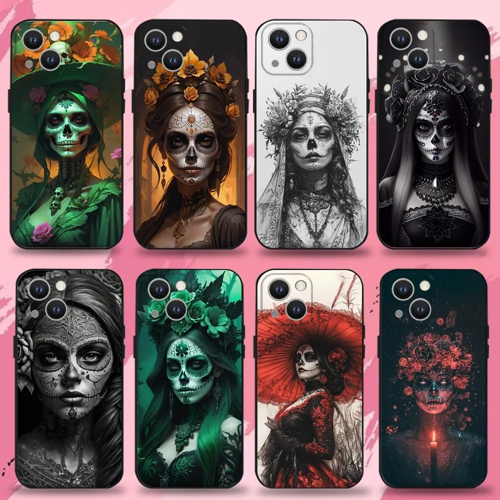 

Halloween skull girl Phone Case For iPhone 16,15,14,13,12,11 Plus,Pro Max,XS,X,XR,SE,Mini,8,7,Soft Silicone Black Cover