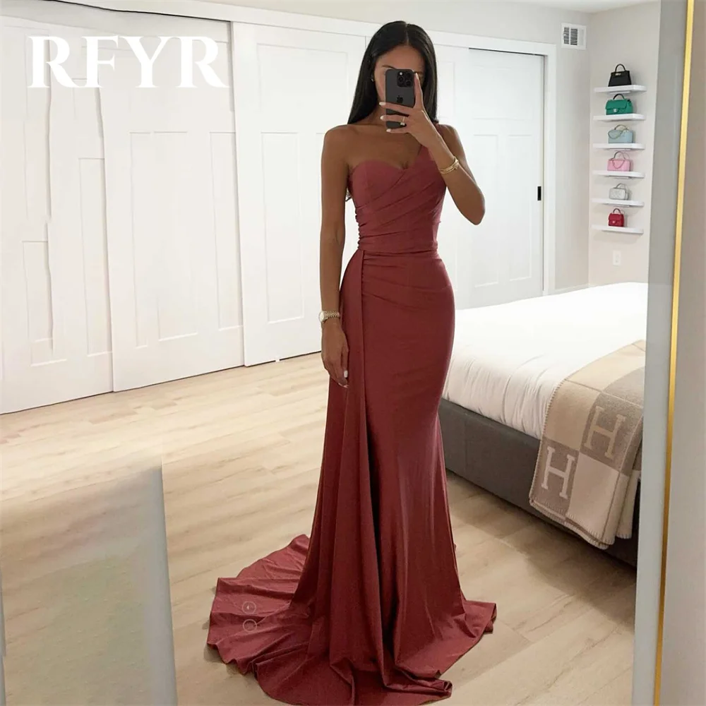 

RFYR Red Prom Dresses One Shoulder Trumpet Evening Dress with Pleats Satin Sleeveless Party Dress Floor-length Vestidos De Noche