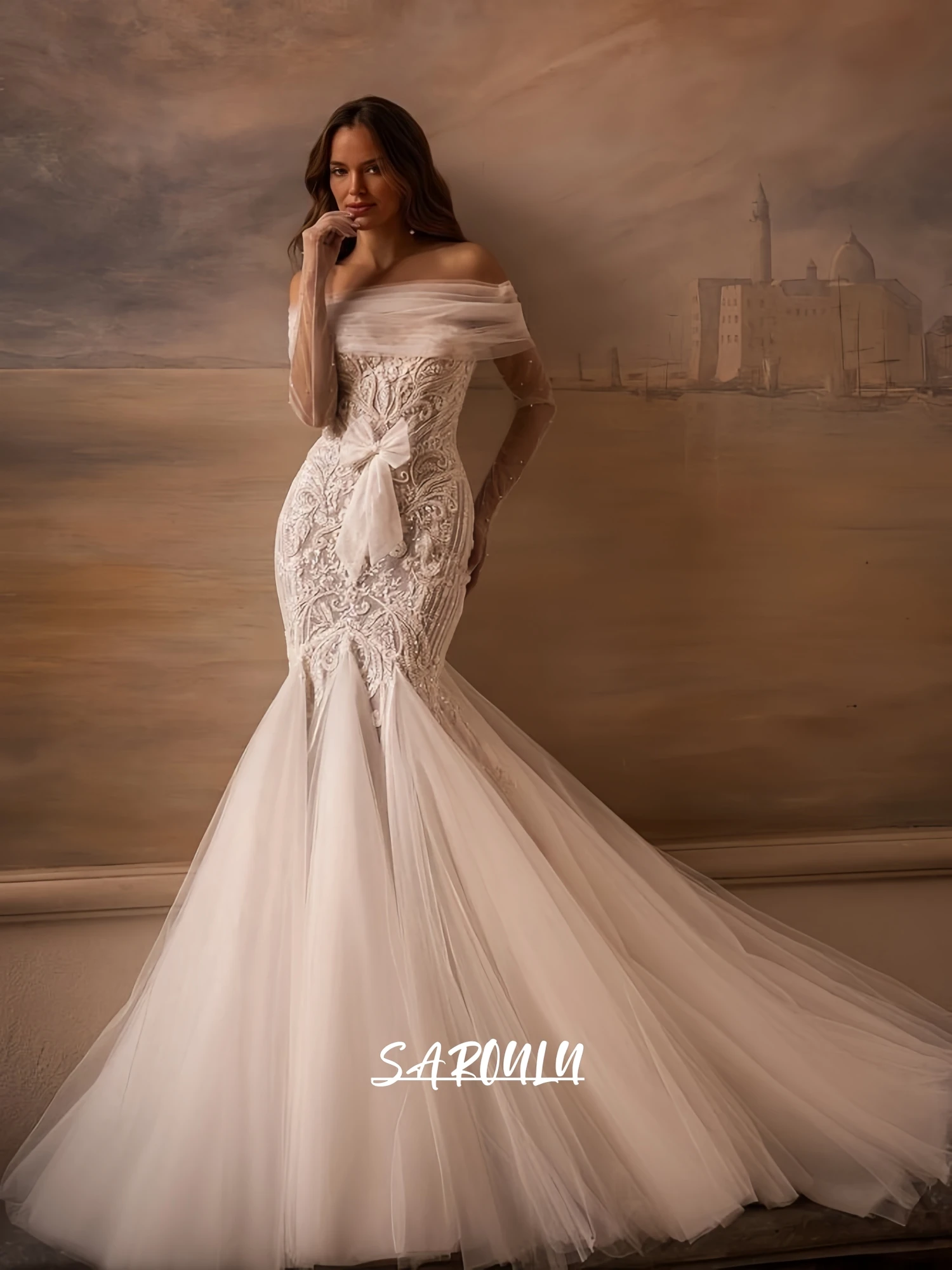 

Strapless Fit and Flare Women's Wedding Dress with Bow, Beaded Lace Sheath Bride Dresses, Long Customized Bridal Gown