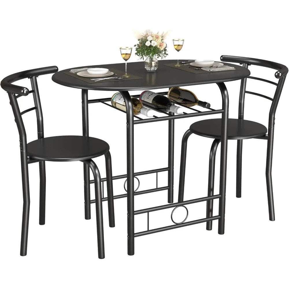 

3-Piece Wooden Round Table & Chair Set, Space Saving Kitchen Breakfast Nook Wood Grain Tabletop with Metal Frame