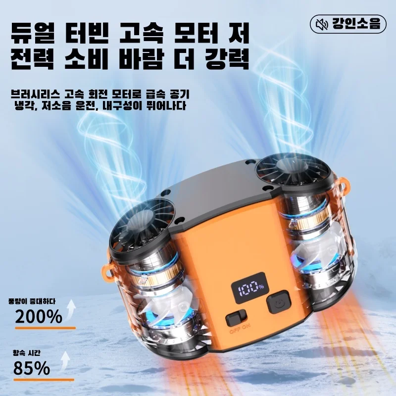 Przenośny wentylator z podwójnym wylotem powietrza do zawieszenia na pasie lub szyi, mocny wentylator z podwójnymi otworami wentylacyjnymi do podróży, sportu, kurierstwa i pracy na zewnątrz.