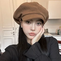 Vintage Maillard Brown Berets Casp for Women Show Face Small Summer Autumn Thin Niche Pleated Texture Versatile Octagonal Hat