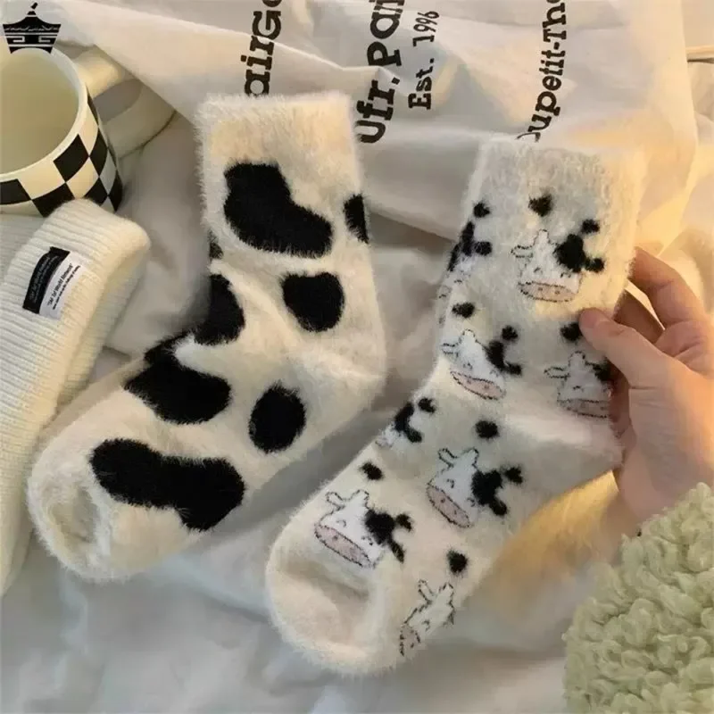 Cow Mink Velvet Sock Winter Women Men Cartoon Soft Comfortable Plush In Tube Sock Thicken Warm Cows Spotted Sock Cute Accessory