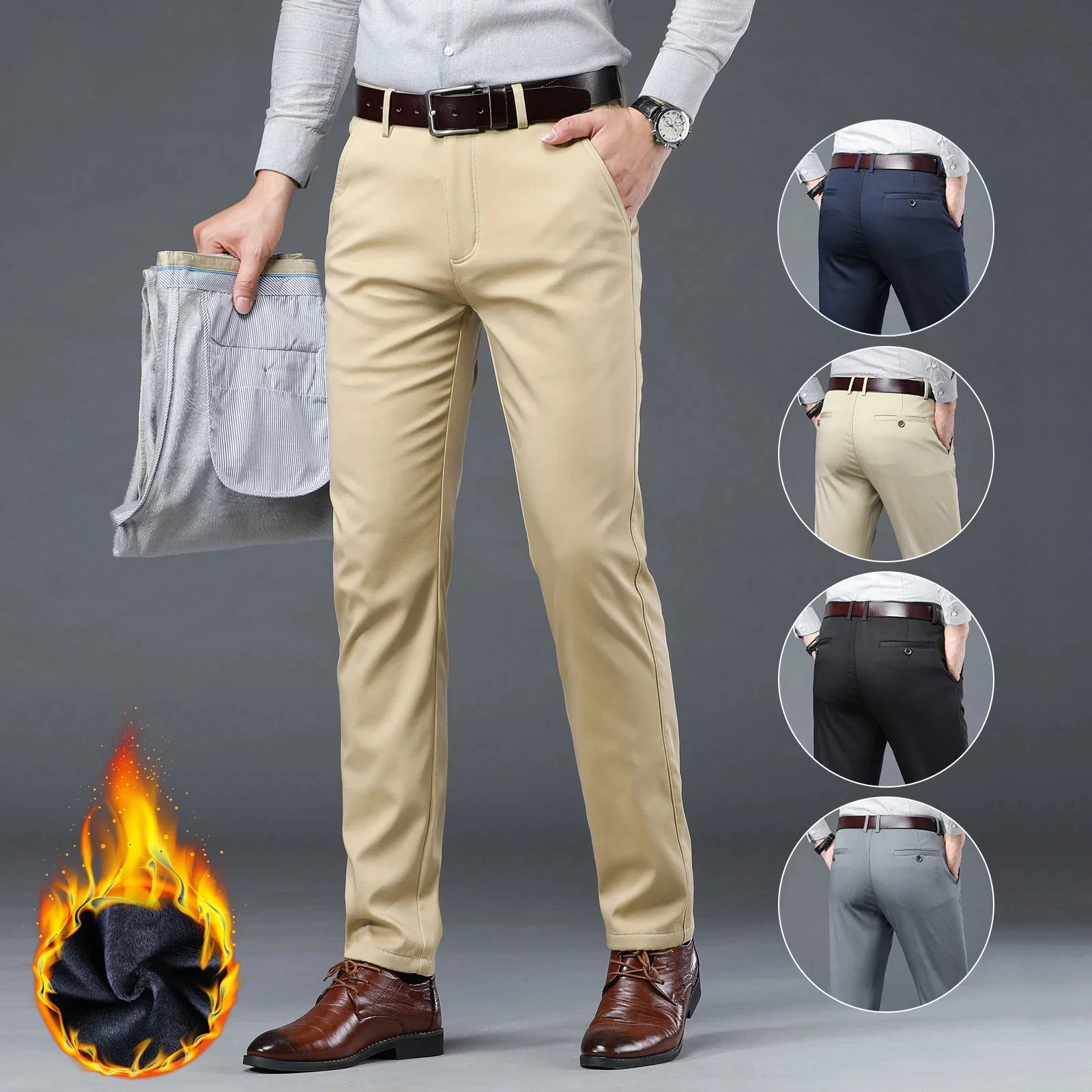 Winter Casual Pants Men Straight Wide Leg Regular Fit Dress Trouser Male Thick Fleece-lined Warm Office Formal Business Stretch