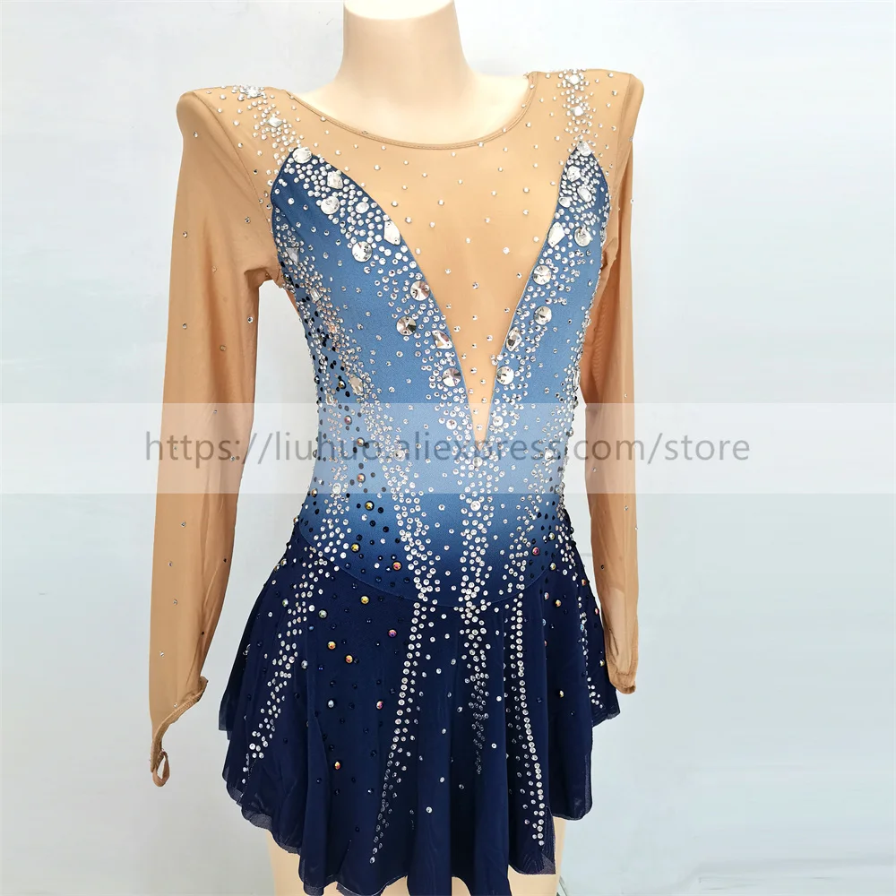 LIUHUO النساء الكبار فتاة تخصيص زي الأداء المنافسة يوتار الجليد الشكل التزلج فستان الأسطوانة التدرج رمادي المراهقين