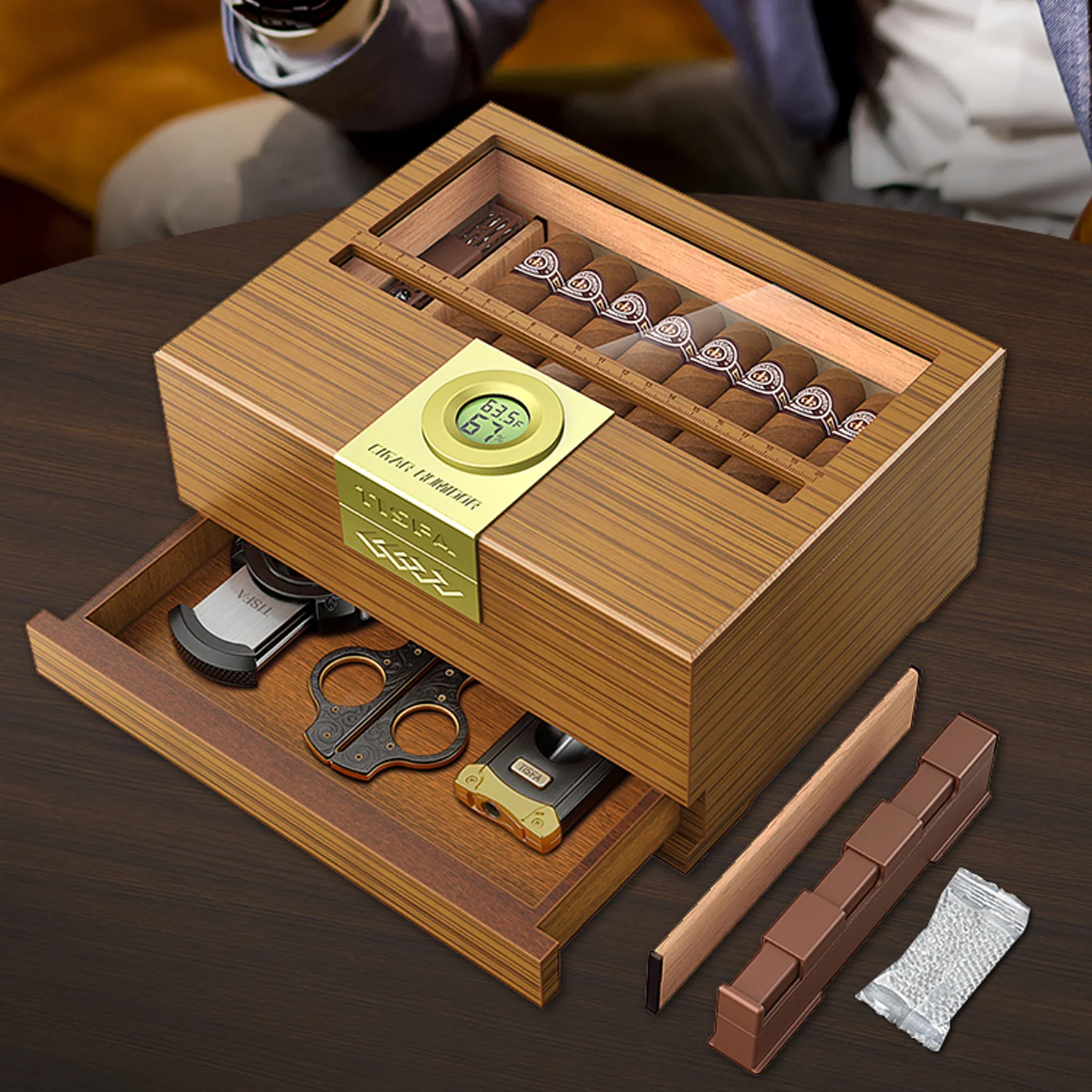 Cigar Box Humidor with Hygrometer and Humidifier, Cedar Wooden Case with Drawer, Divider, Length Gauge, Desktop Humidor Box Gift