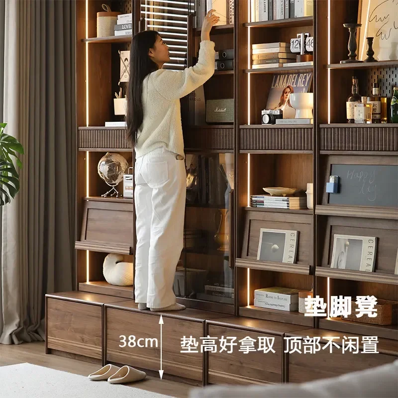 B24 Xingluo Card Seat Integrated Living Room Black Walnut Solid Wood Floor Combination Display CabinetX9