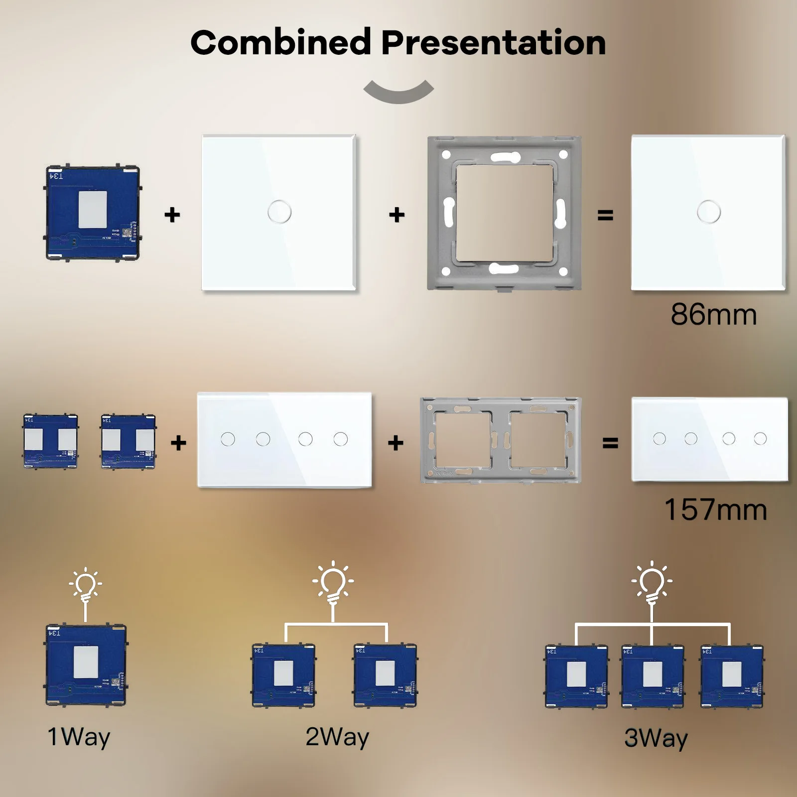 BSEED 1/2/3Gang 1Way Wall Light Switch Module Part EU 2Way LED Light Switch Insert Blue Backlight Free Combination Glass Panels