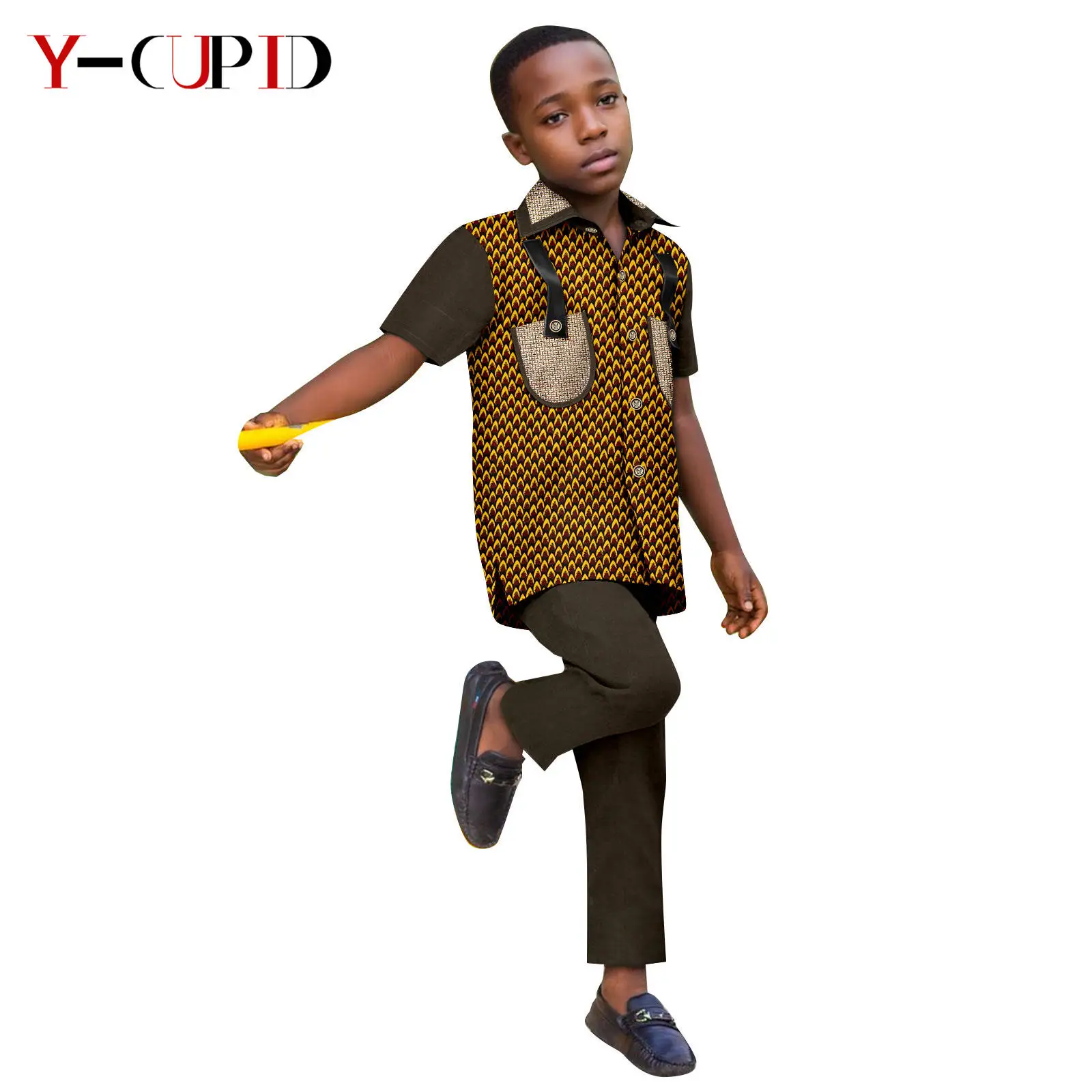African Clothes for Kids Dashiki Children PU Patchwork Top Shirt and Pants 2 Pieces Sets Fashion Summer Boys Outfits 2446061