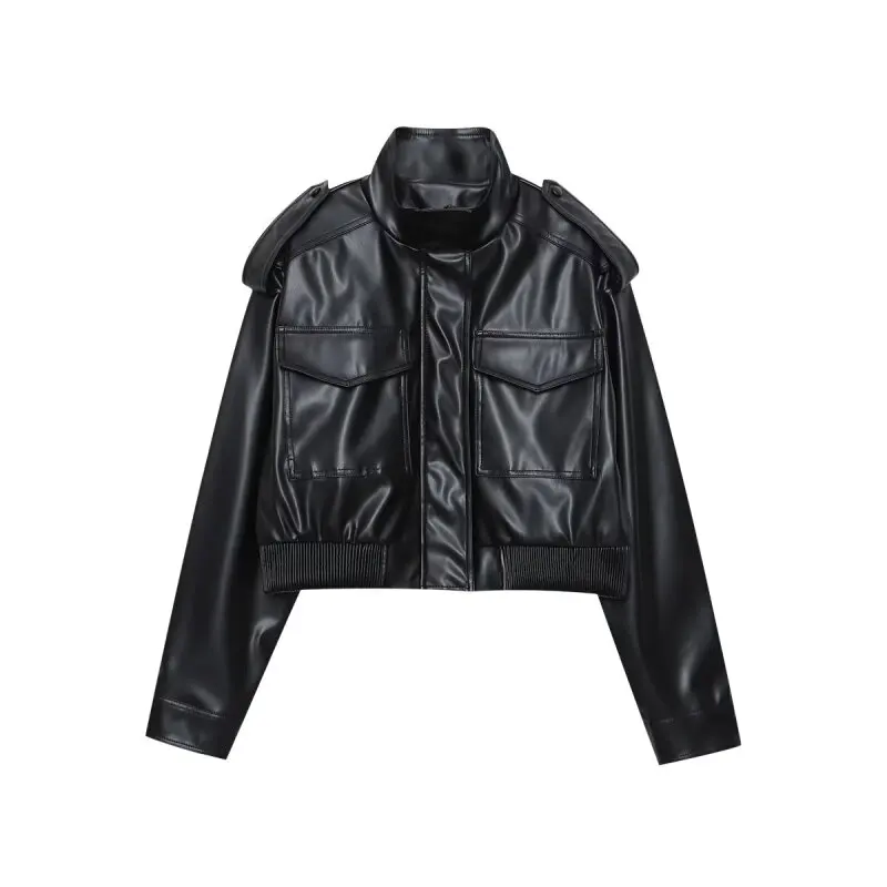 سترة نسائية ريترو PU على طراز الشارع للدراجات النارية بسحاب وجيب علوي ملابس خارجية سترة من الجلد الصناعي معطف للسيدات ملابس الشارع