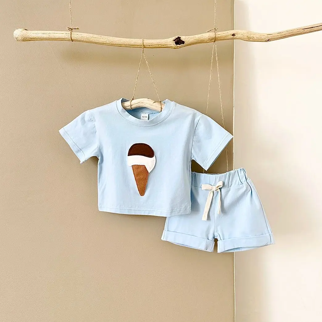 

2025 Summer New Baby Short Sleeve Set Boy Girl Ice Cream Print Round Neck Tops + Short 2Pcs Suit Kids Clothes Items 0-3Y