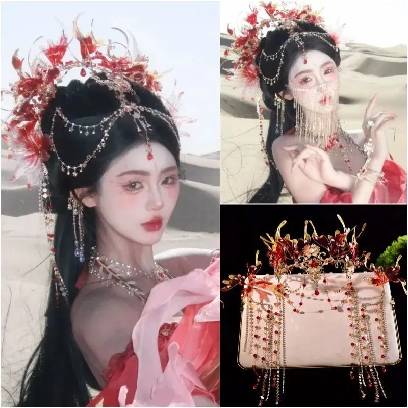 

Экзотическая корона принцессы в стиле вестерн, головной убор ханьфу, кисточка, подвесной цветок, жидкая бабочка, древний стиль, большие аксессуары для волос