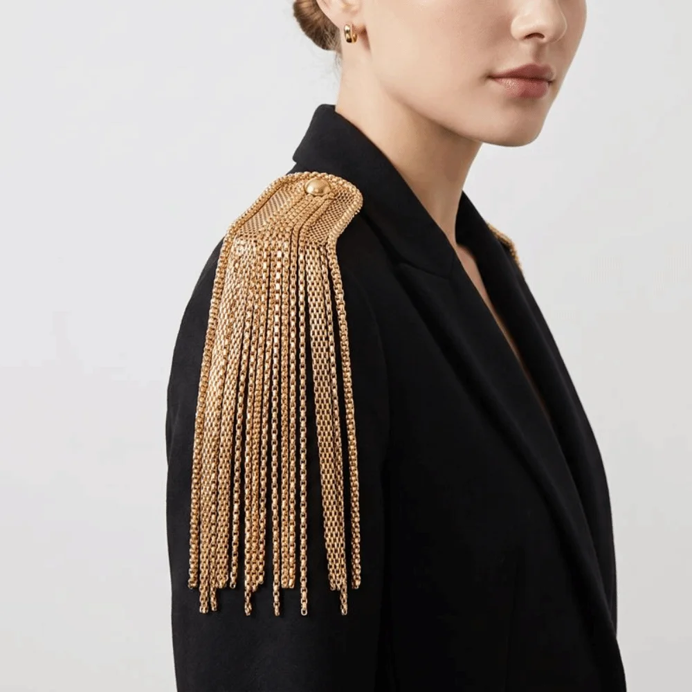 DIY Clothes Decor Pin Tassel Chain Epaulettes Metal Alloy Tassel Epaulet DIY Shiny Gold Brooch Jewelry Suit