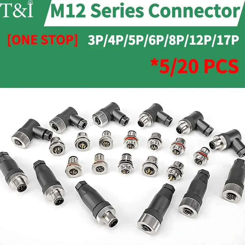 5/20 PCS IP67 M12 12mm Aviation Connector Straight/Right Angle Panel Back/Front Mount Flange Socket&Plug PCB Sensor Connector