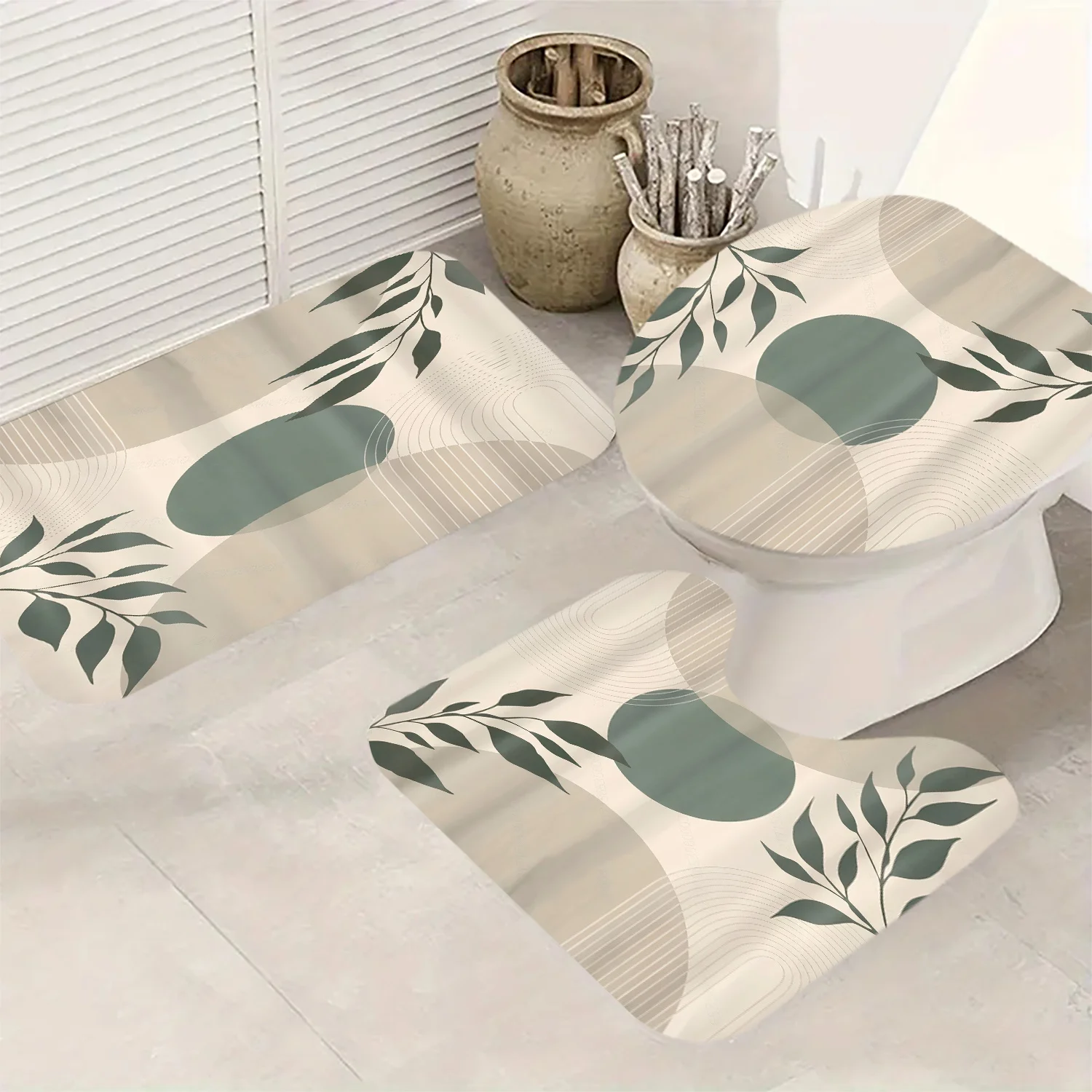 

3-х предметный набор для ванной комнаты с геометрическим листьями и цифровым принтом, противоскользящий коврик из полиэстера, U-образный коврик, коврик для сиденья унитаза, можно стирать в машине