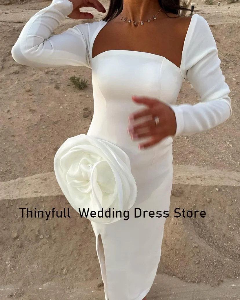 Thinyfull Arabia saudita bianco 3D Flower Prom Dress maniche lunghe abiti da sera in raso abito da cerimonia formale Robe De Soirée