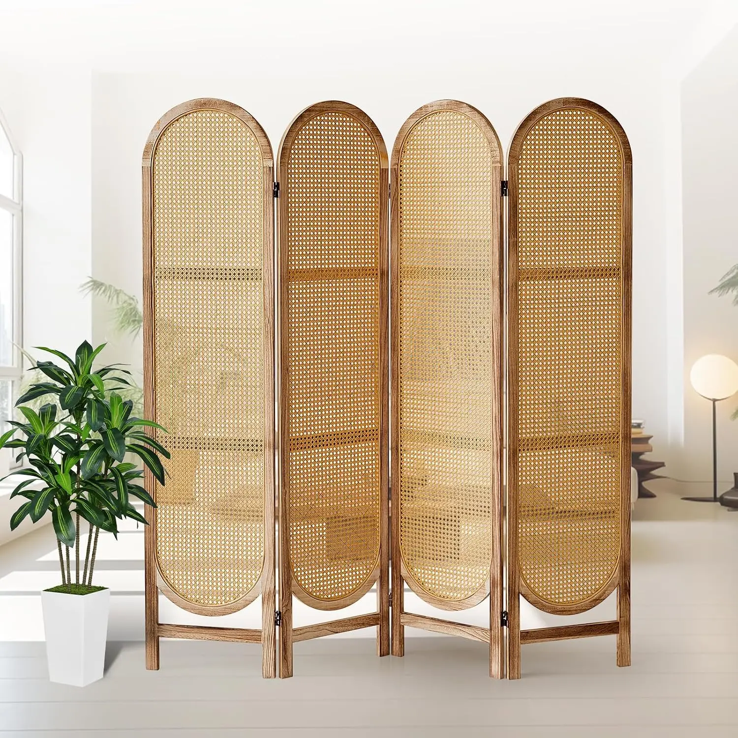 Room Divider 4 Panel Folding Privacy Screen, Rattan Freestanding Wood Frame Partition Wall, Arched Room Separator Bedroom Office Decor Accent, Rustic Boho Style, Natural Pine Wood, Single Piece