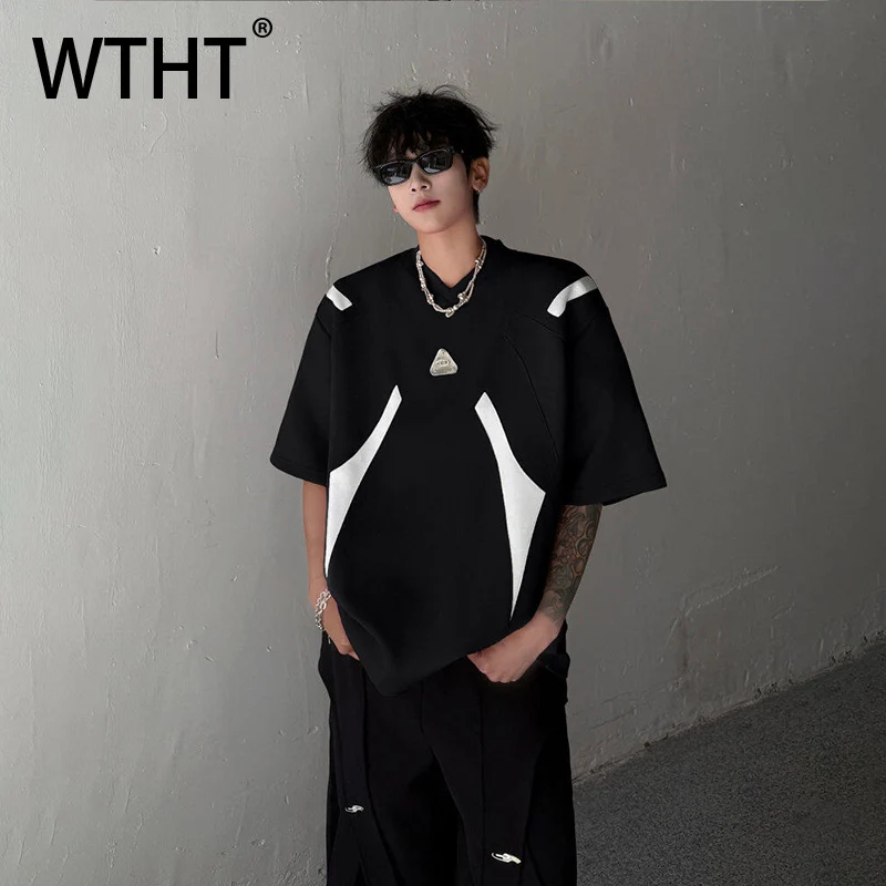 WTHT Fashion Men's Spliced Metal Contrast Color Shoulder Pads T-shirts Trendy Short Sleeves O-neck Tops Male 2025 Summer 2A0853