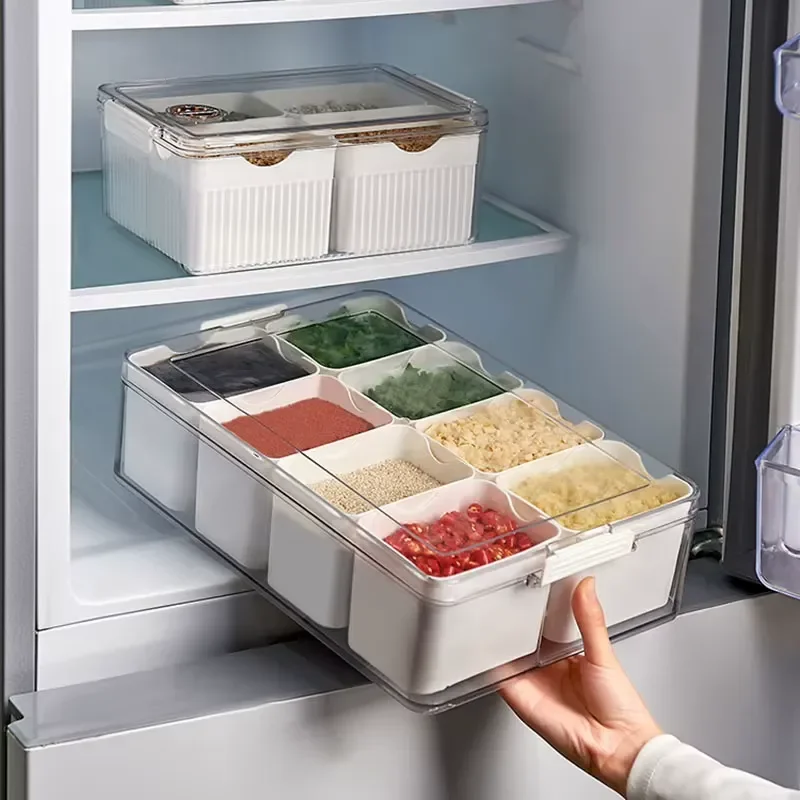 8 Grid Plastic Kitchen Storage Box for Frozen Meat and Hot Pot Ingredients Moisture Proof Sealing Container Modern Simple