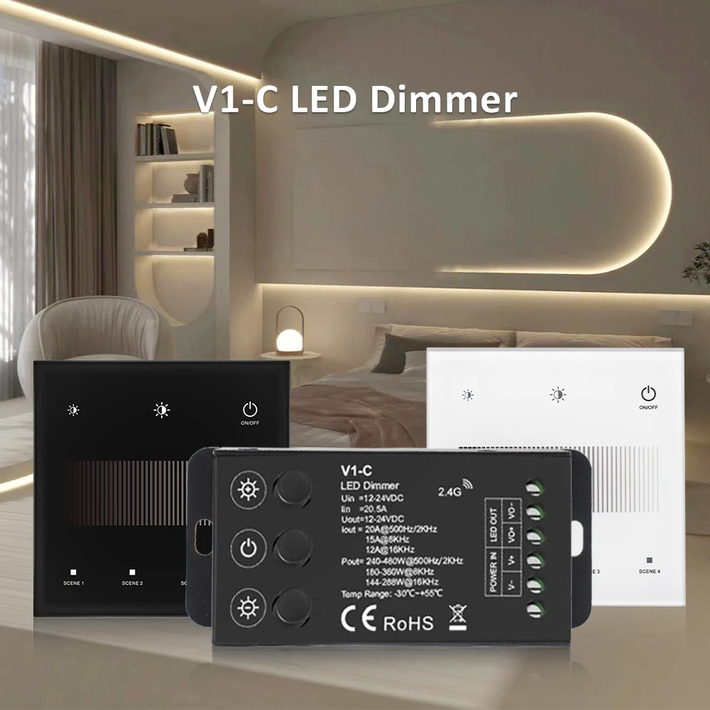 

12V 24V V1-C LED Dimmer PWM Frequency Adjustable 2.4G RF Remote Dimer WW CW Single Color Controller for 2835 5050 Strip Light