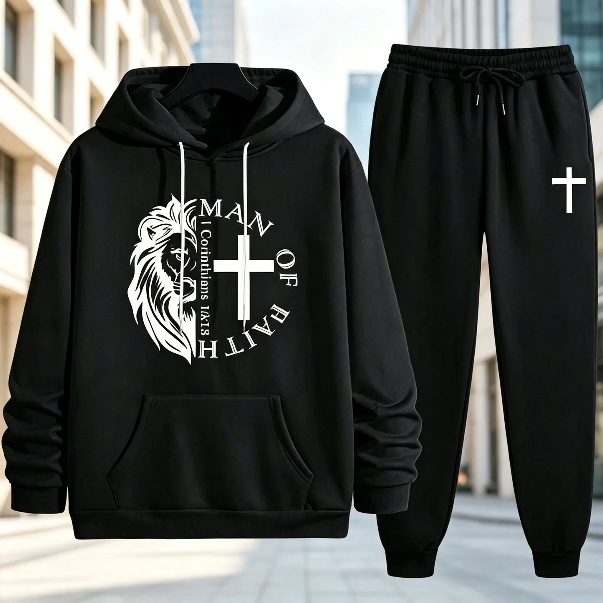 Men's Fall‑Winter Tracksuit, Jesus Christ Print Hoodie & Sweatpants 2‑Piece Set, Warm Comfort for Home Outdoor Daily Casual Wear