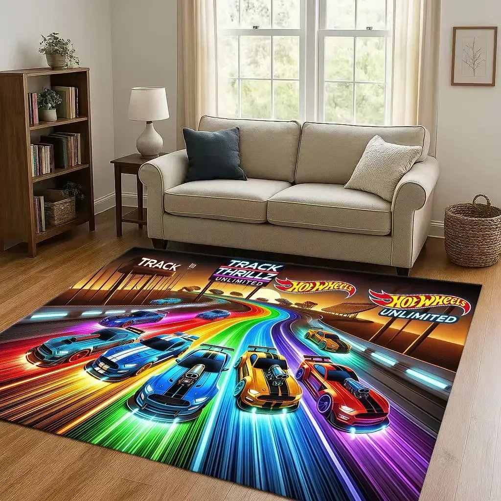 3D Hot W-Wheels Cartoon Racing Car Living Room Non-Slip Area Rug Carpet for Bedroom Playroom Sofa,Easy Clean Home Decor Doormat