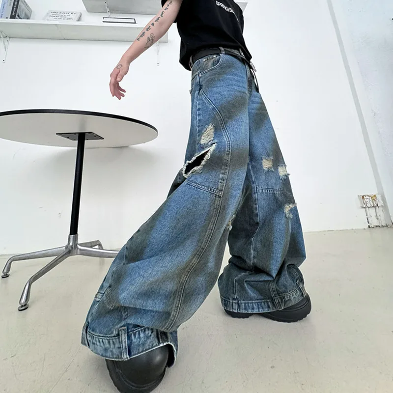 IEFB American Style Men\'s Jeans New Stylish Flip Design Wide Leg Dirty Pants High Street Men Wear Male Denim Trousers 9C7025