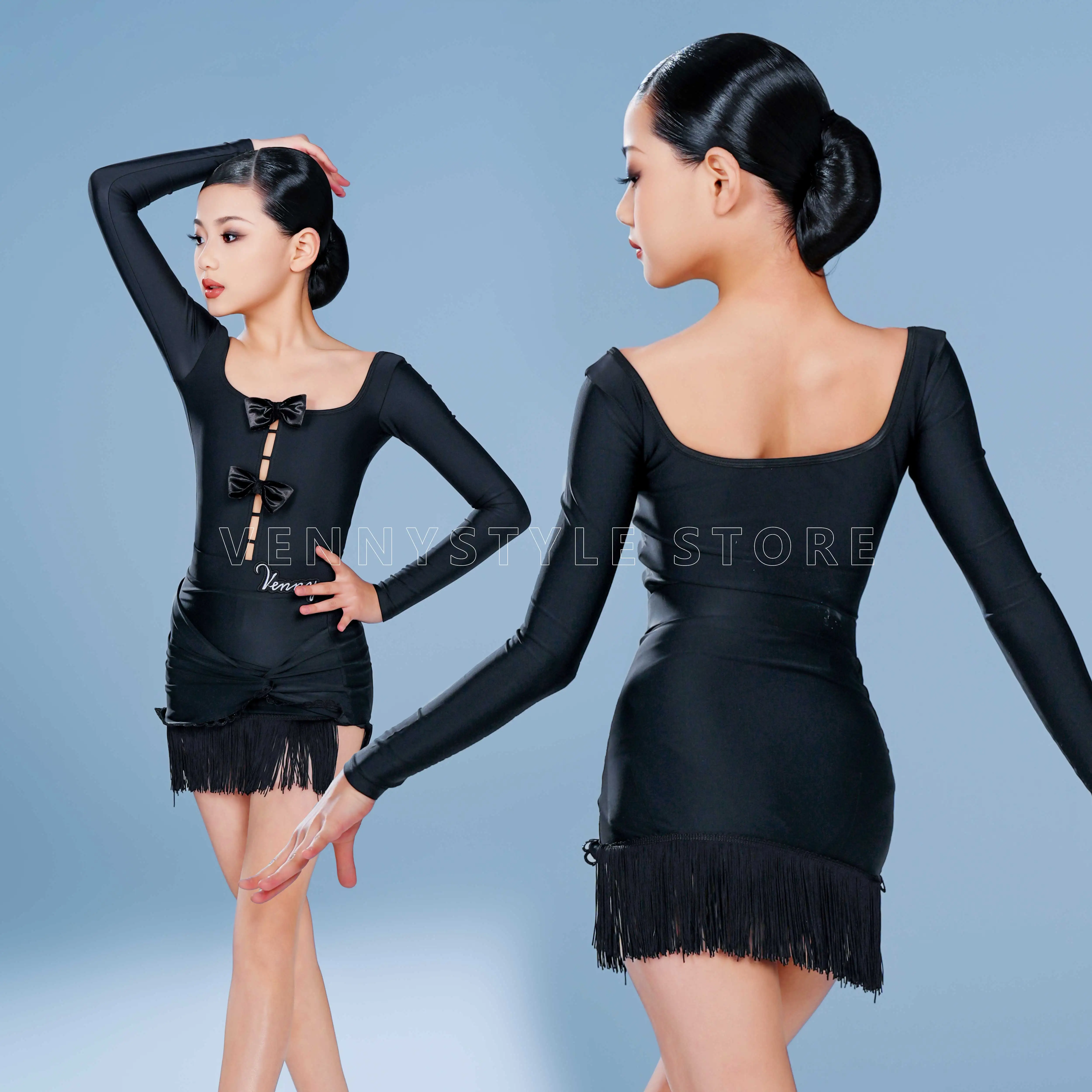 

Venny Style Latin Dance Wear Spring Practice Set: Long Sleeve Bow Top & Fringe Skirt Separates, New Training Costume