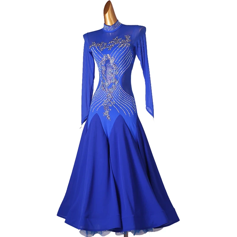 Custom High Grade Custom-made Fashionable Women Modern Ballroom Dance Clothing Long Sleeve Huge Hemline Tunic Crystal Dress