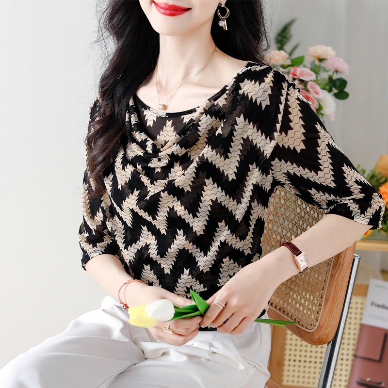 Women Summer Korean Fashion Slim Wave Lace O-neck 3/4 Sleeve Chiffon Shirts Women Clothes Casual All-match Appear Trend Tops